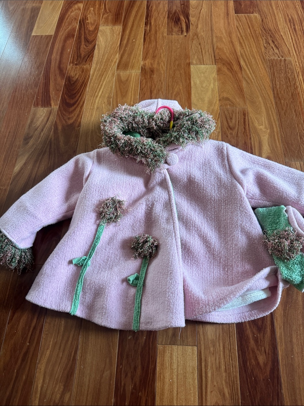 Girls' Pink Floral Trim Pea Coat